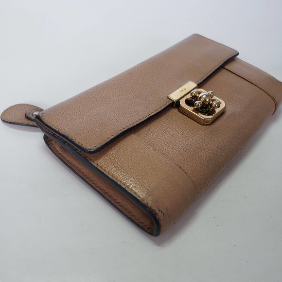 Chloe Elsie Leather Long Zip Wallet Clutch Turnlock Tan Beige Large Continental - Picture 10 of 10
